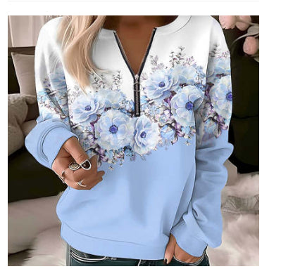 Casual Printed Women's Zipper Pullover Sweatshirt | Streetwear