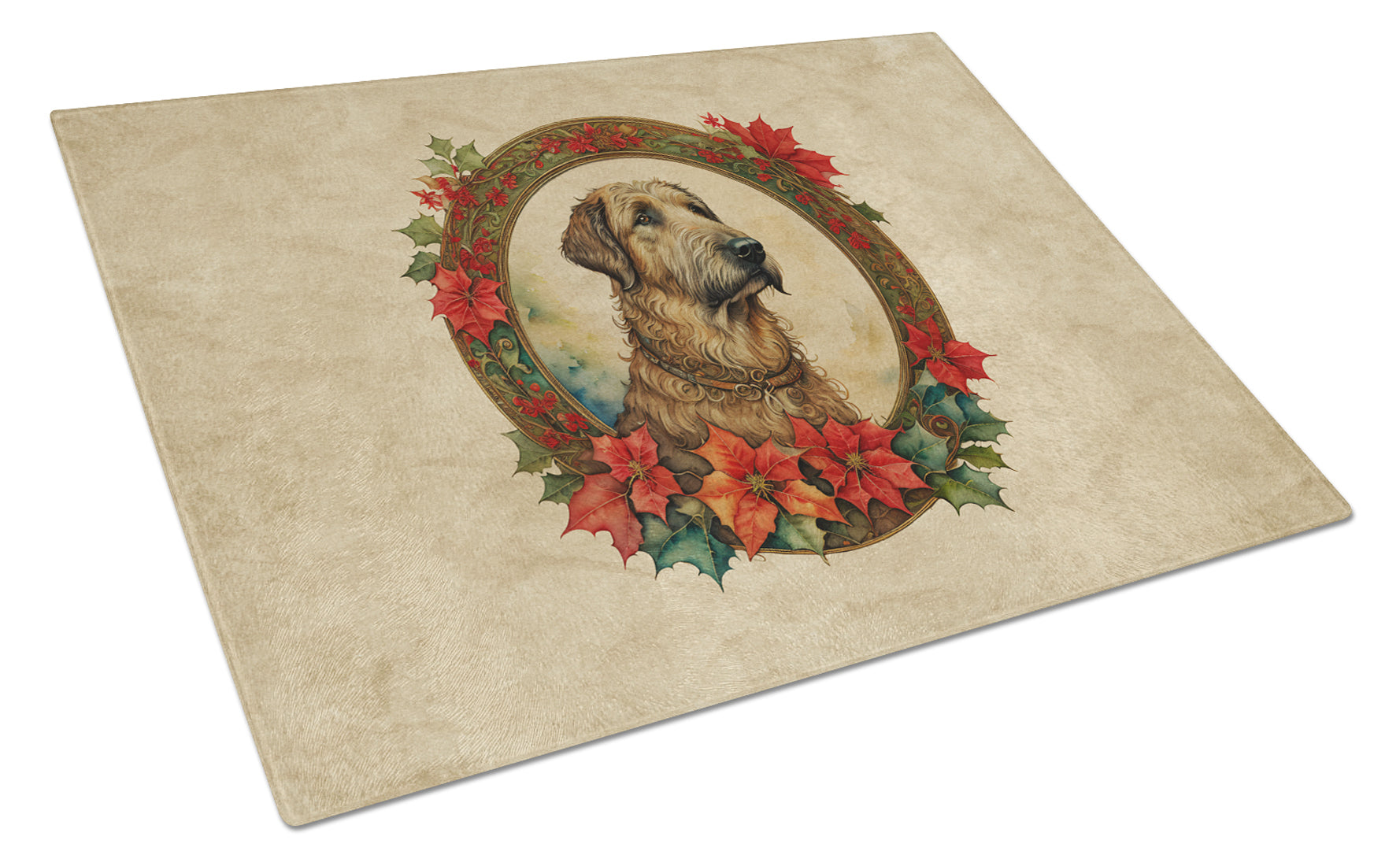 Irish Wolfhound Christmas Flowers Glass Cutting Board