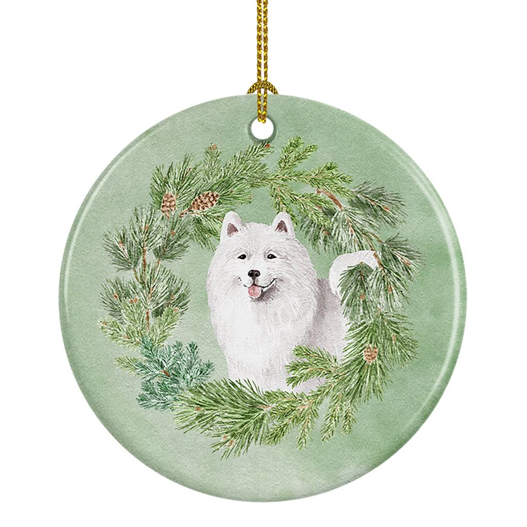 Samoyed Smiling Christmas Wreath Ceramic Ornament