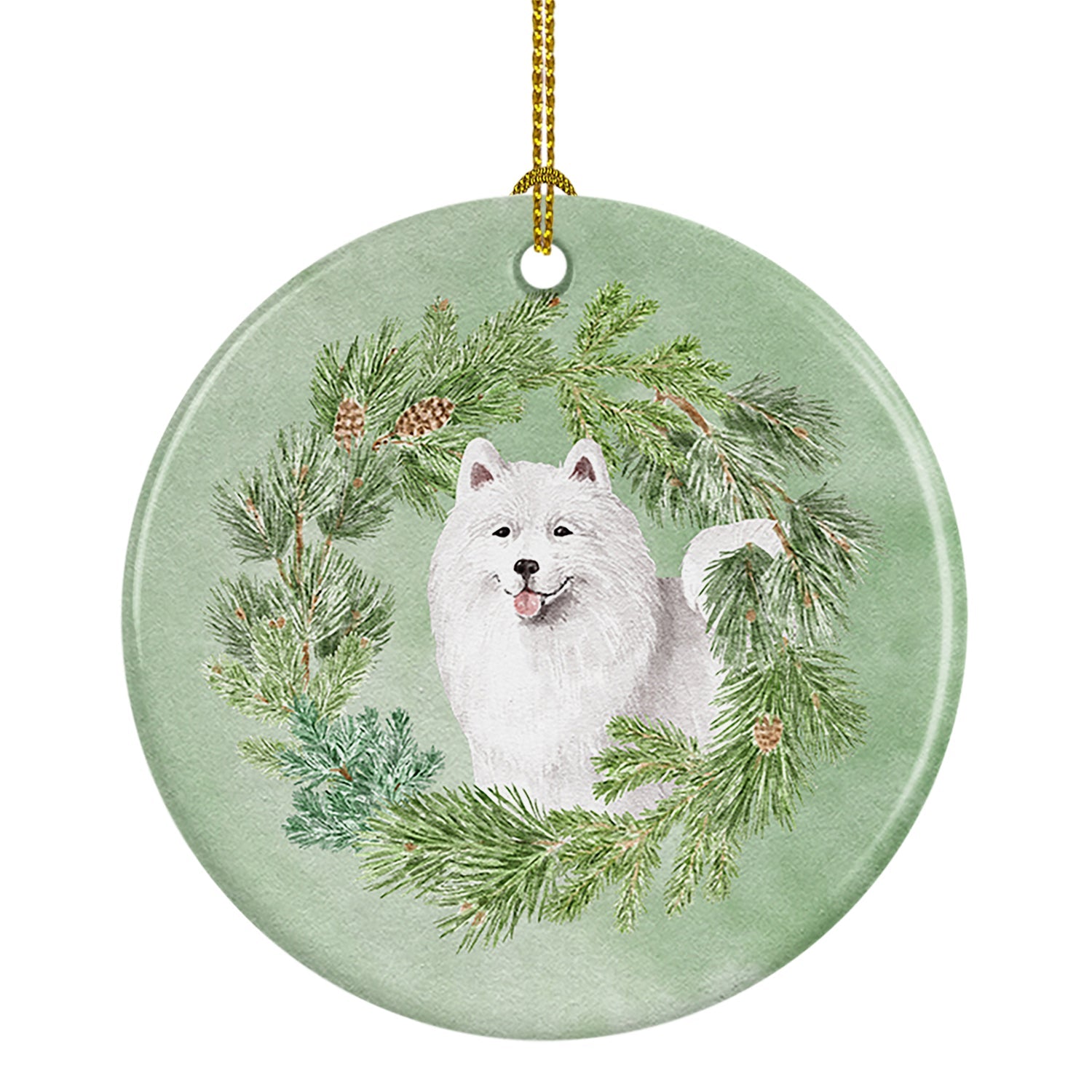 Samoyed Smiling Christmas Wreath Ceramic Ornament