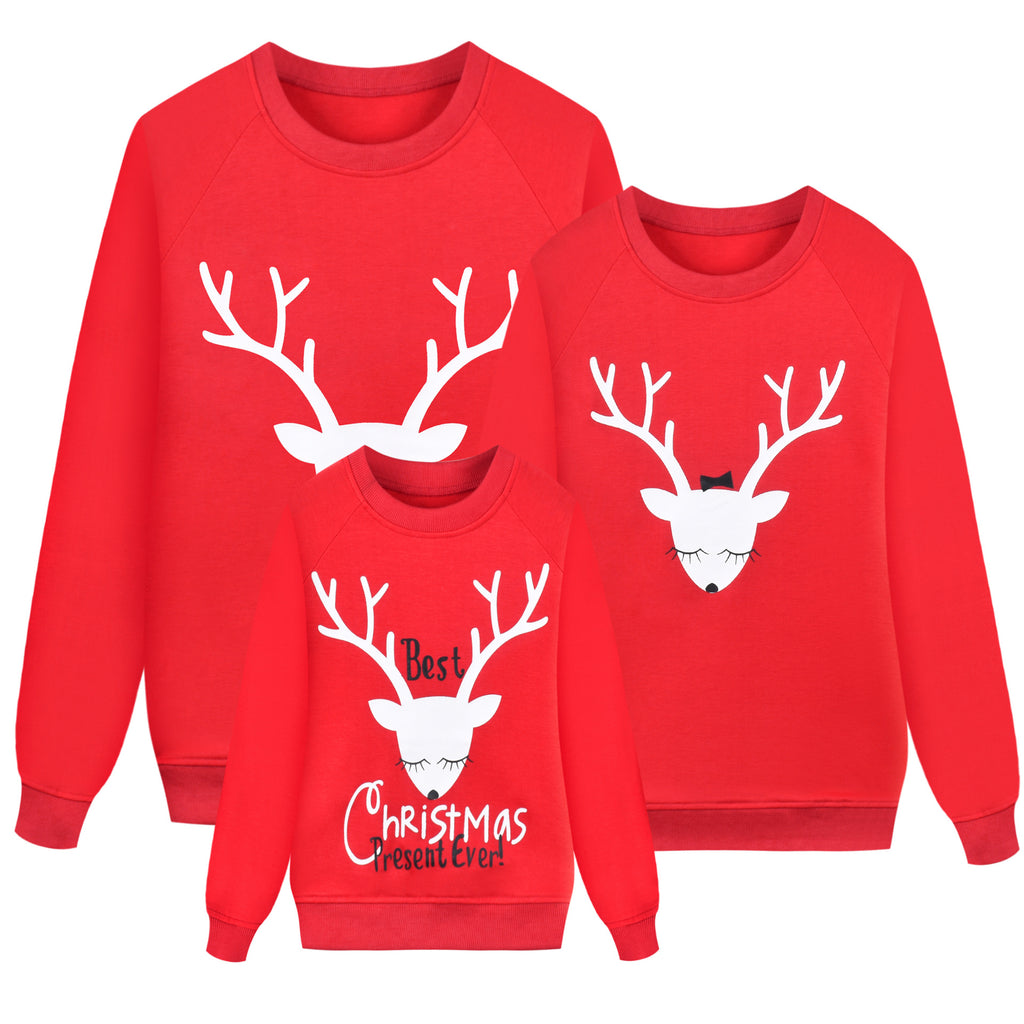 Christmas Family Matching Red Hoodie with Deer Print | Streetwear