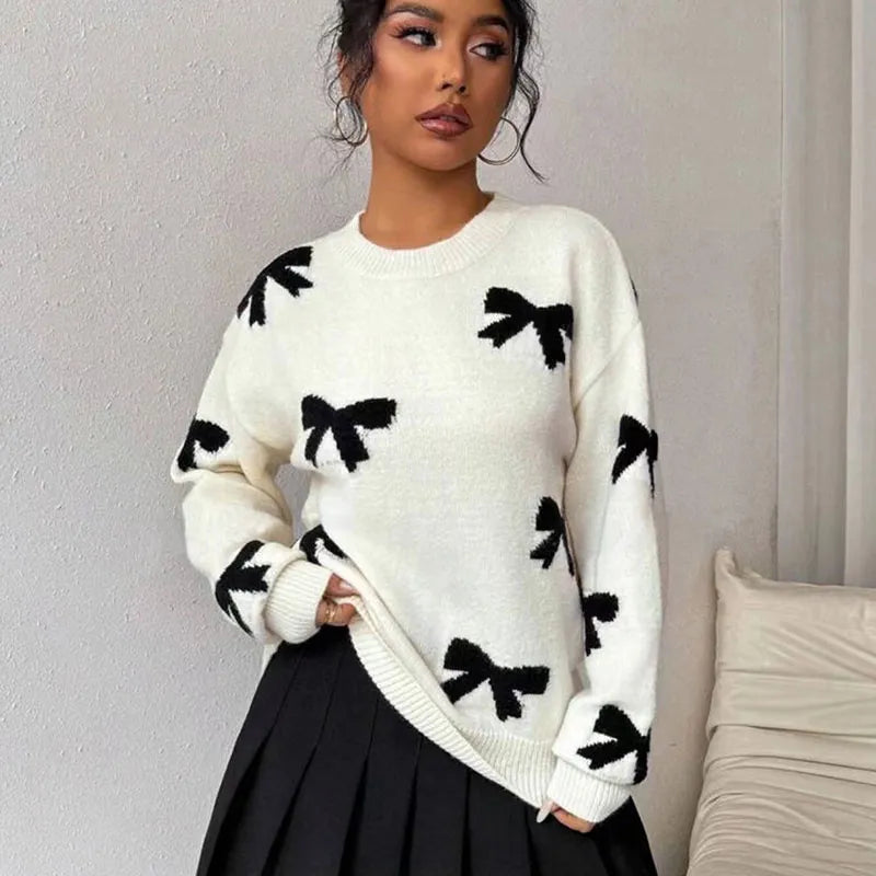 Autumn And Winter Round Neck Bow Jacquard Pullover Sweater | Streetwear