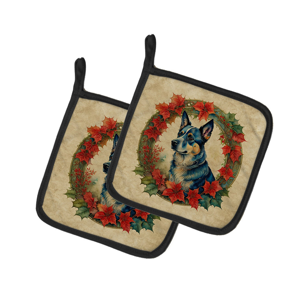 Australian Cattle Dog Christmas Flowers Pair of Pot Holders