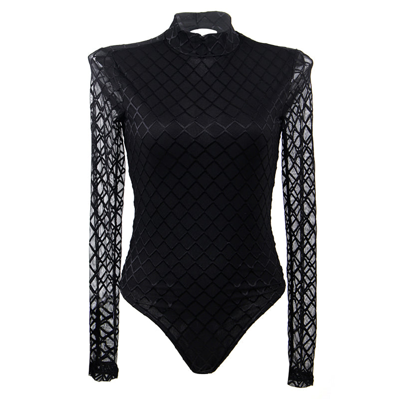 Elegant Women's Black Plaid Long-Sleeve Bodysuit