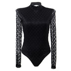 Elegant Women's Black Plaid Long-Sleeve Bodysuit