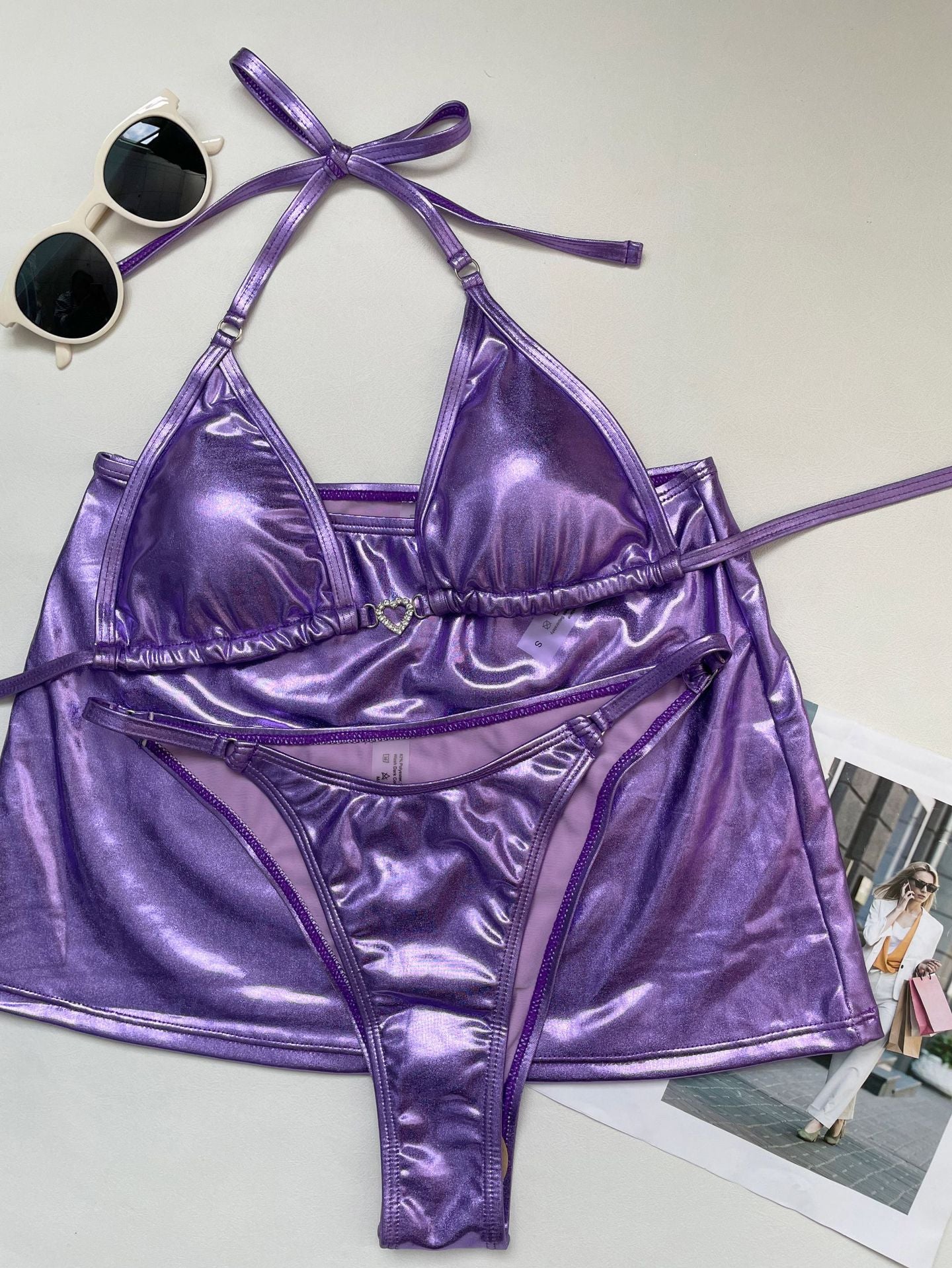 Sexy Triangle Metal Bikini Set with Mini Skirt (3 Pieces)