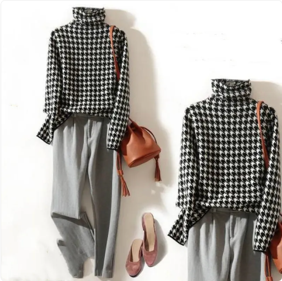 Thick Houndstooth Turtleneck Pullover Sweater