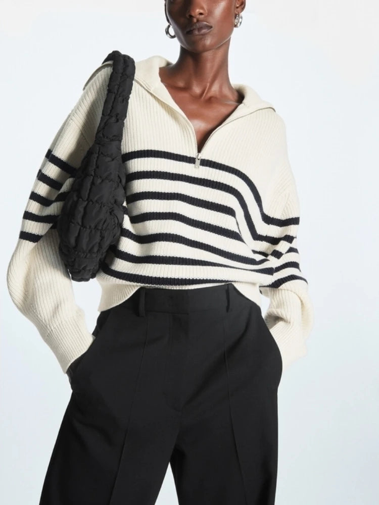 Women's Striped Turtleneck Pullover with Half Zipper | Streetwear