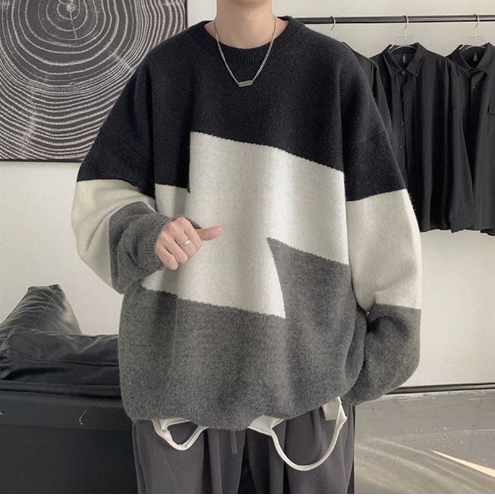 Men's Color Block Loose Fit Round Neck Sweater
