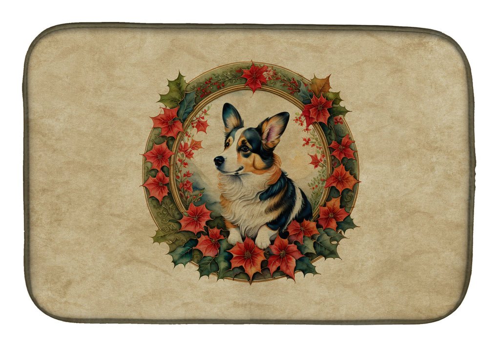 Corgi Christmas Flowers Dish Drying Mat