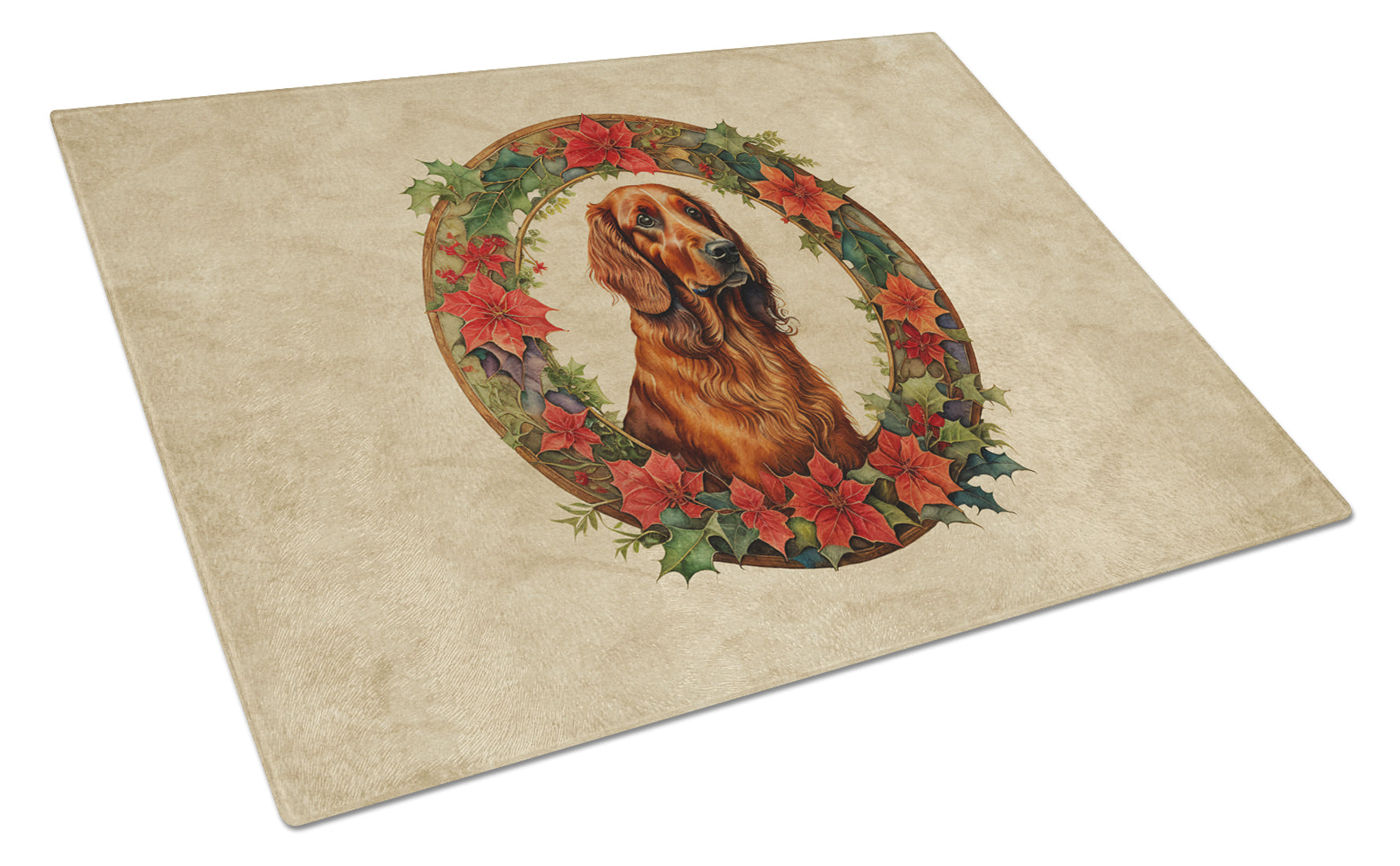 Irish Setter Christmas Flowers Glass Cutting Board