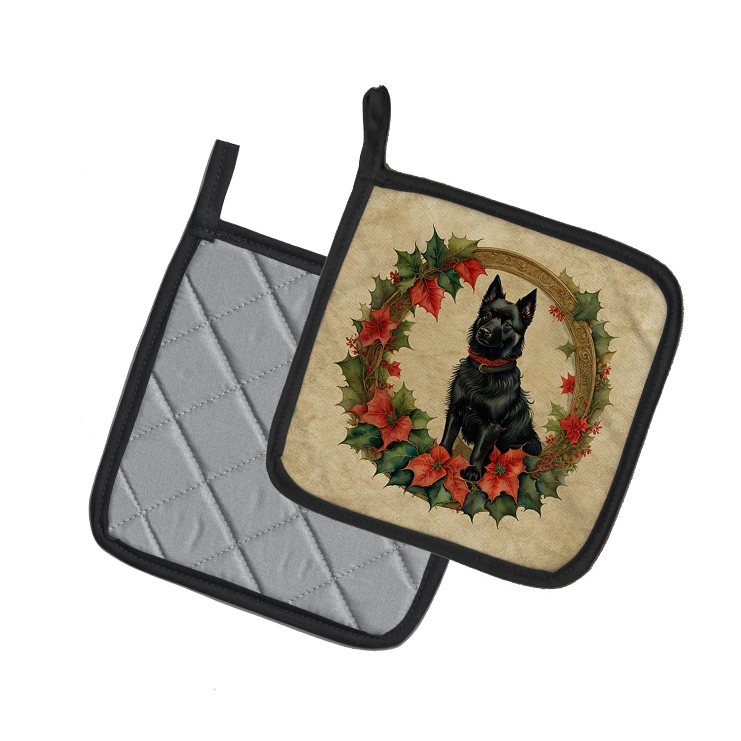 Schipperke Christmas Flowers Pair of Pot Holders