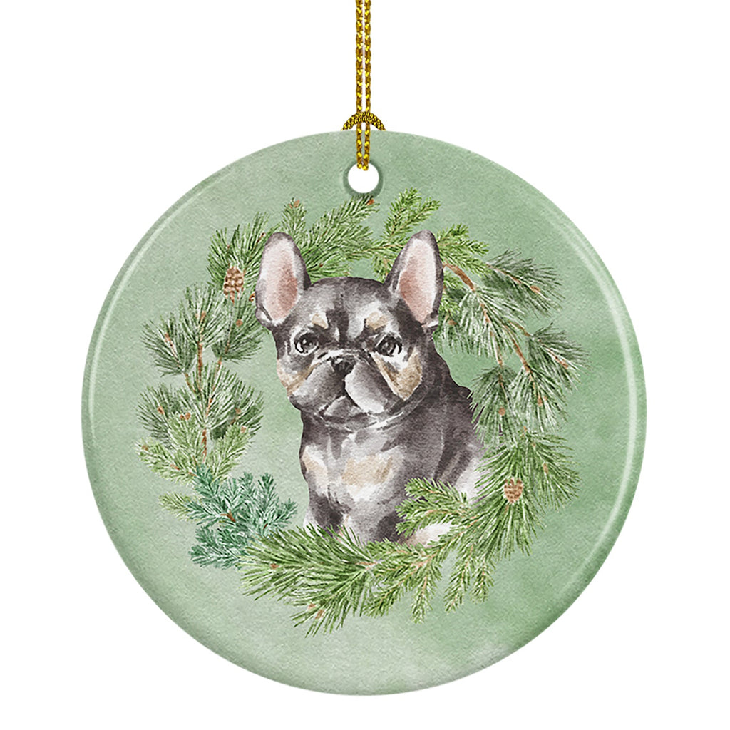 French Bulldog Puppy Black Christmas Wreath Ceramic Ornament