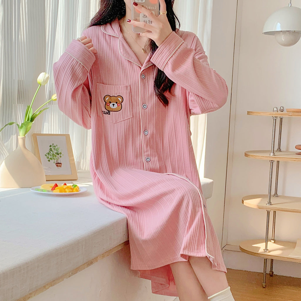 Cotton Maternity Nightgown for Nursing, Long Sleeve
