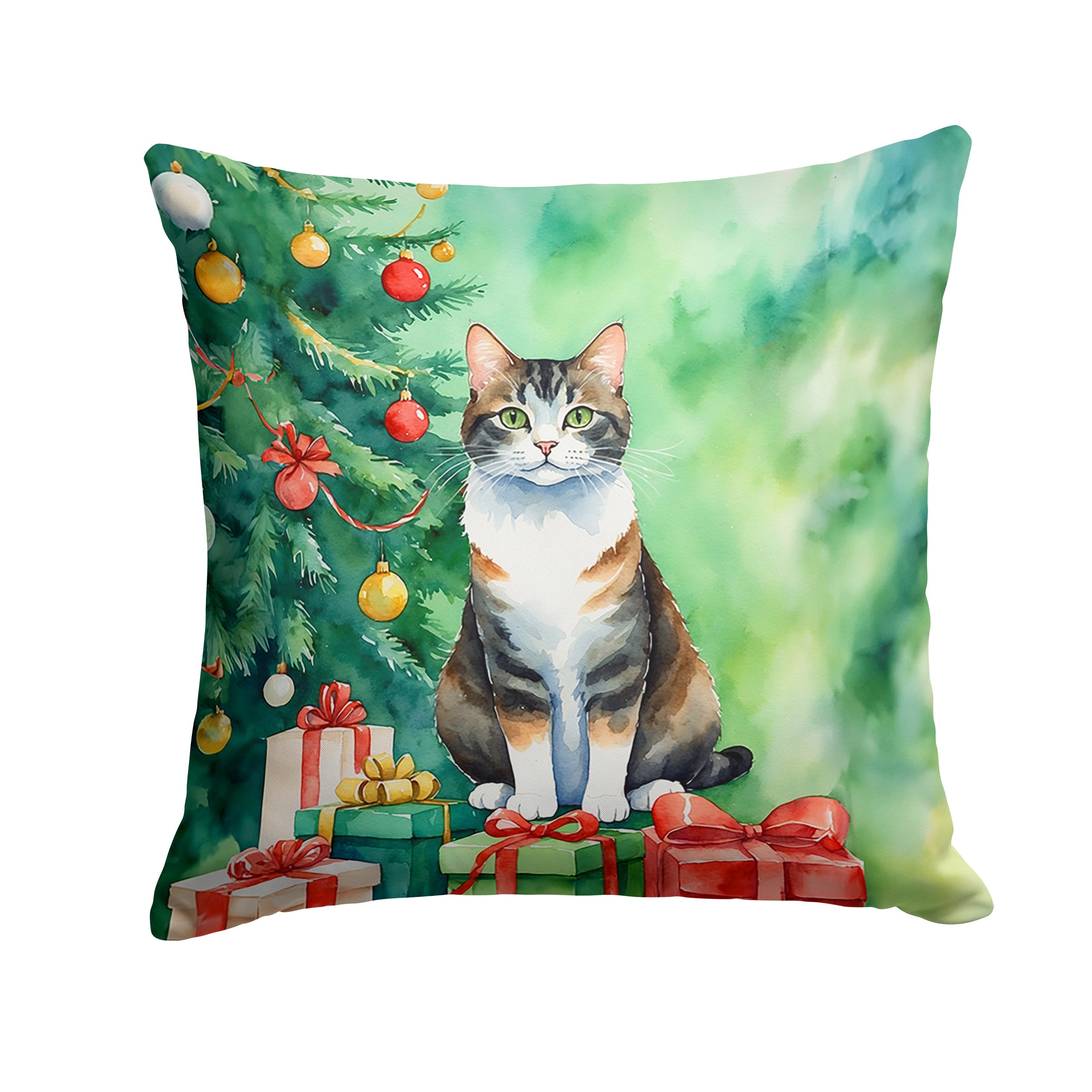 Manx Cat By the Christmas Tree Throw Pillow