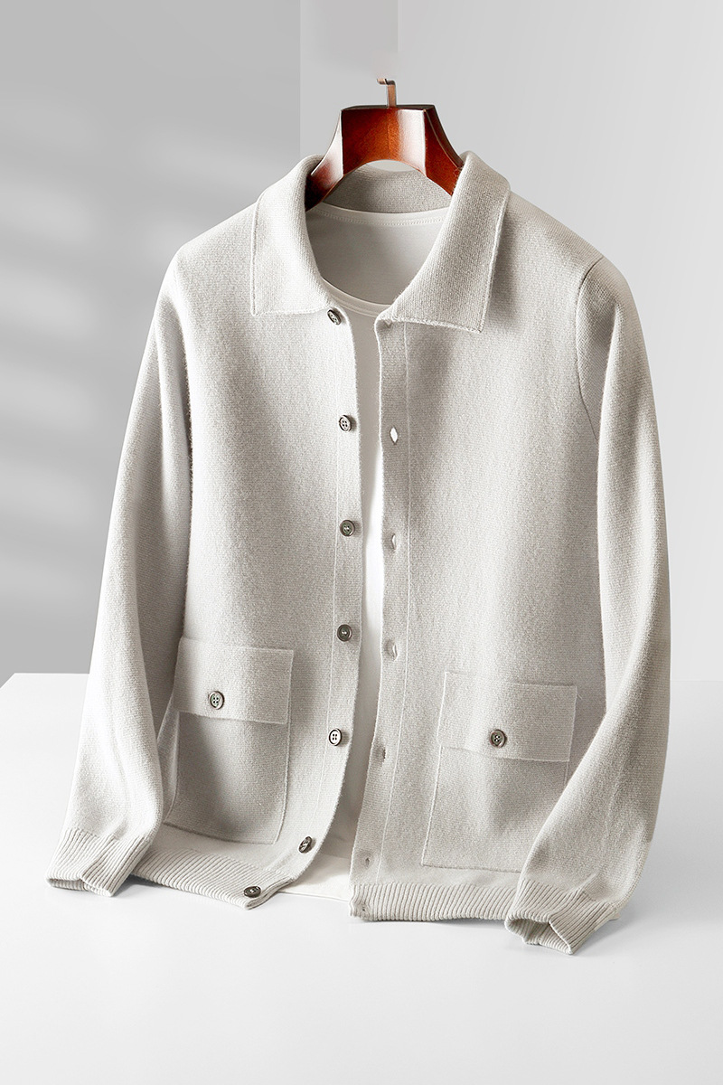 Men's Polo Collar Solid Color Wool Cardigan