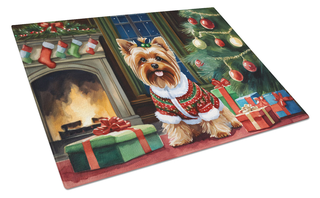 Yorkshire Terrier Cozy Christmas Glass Cutting Board