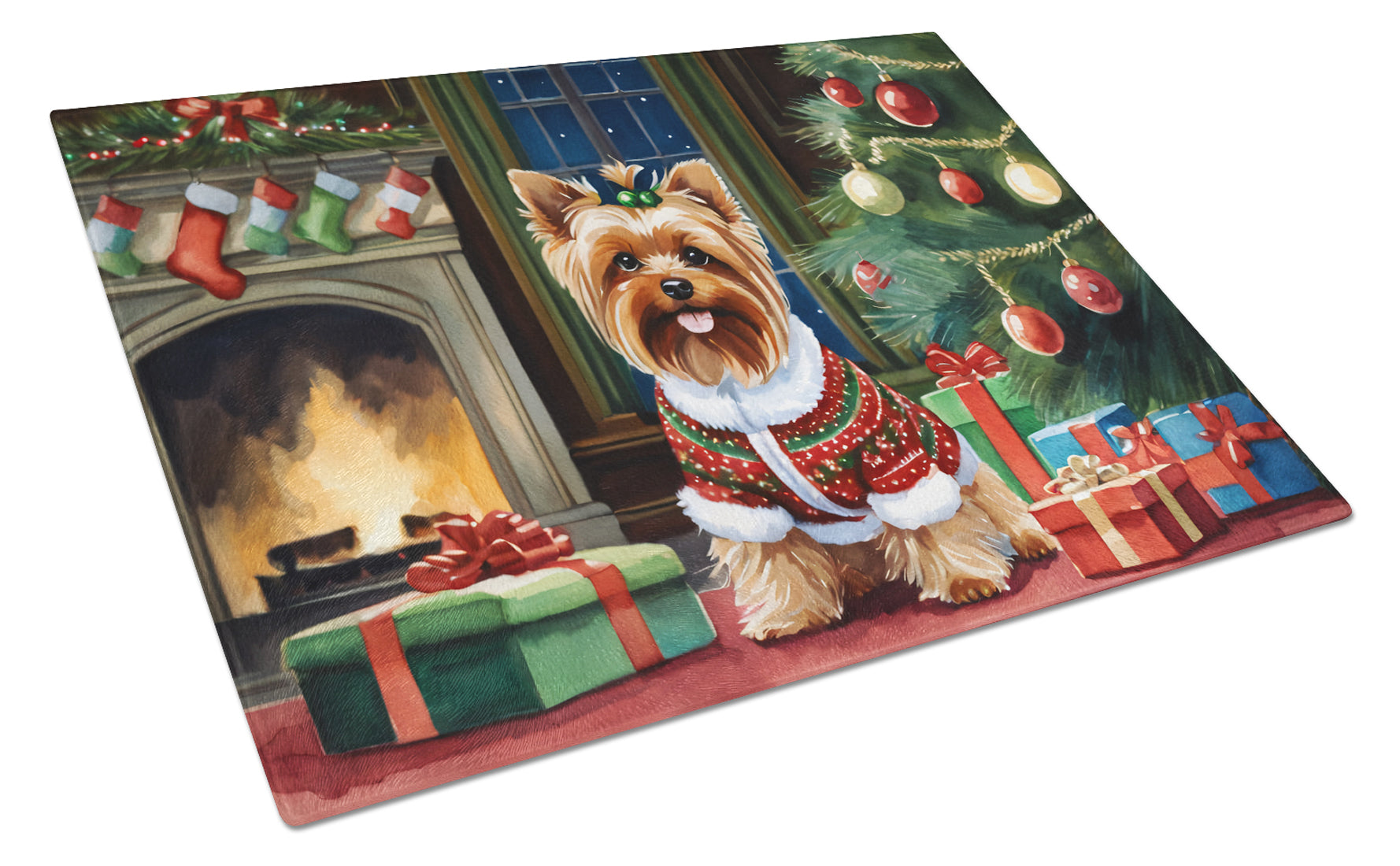 Yorkshire Terrier Cozy Christmas Glass Cutting Board