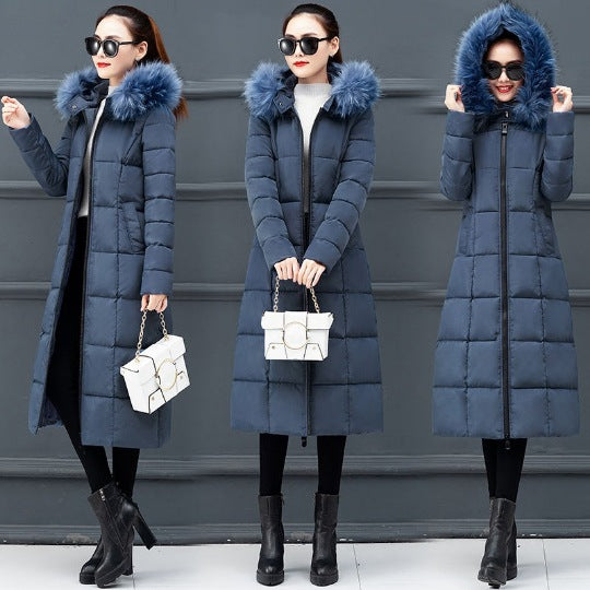 Hooded Long Down Jacket with Faux Fur Collar