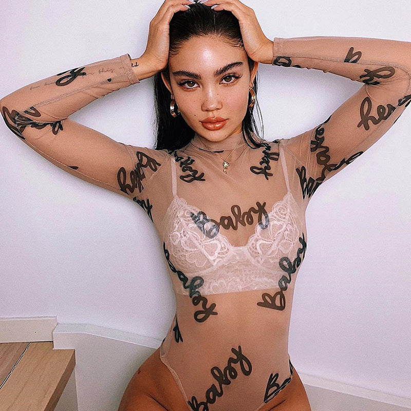 Sheer Mesh Long Sleeve T-Shirt Bodysuit with Letters