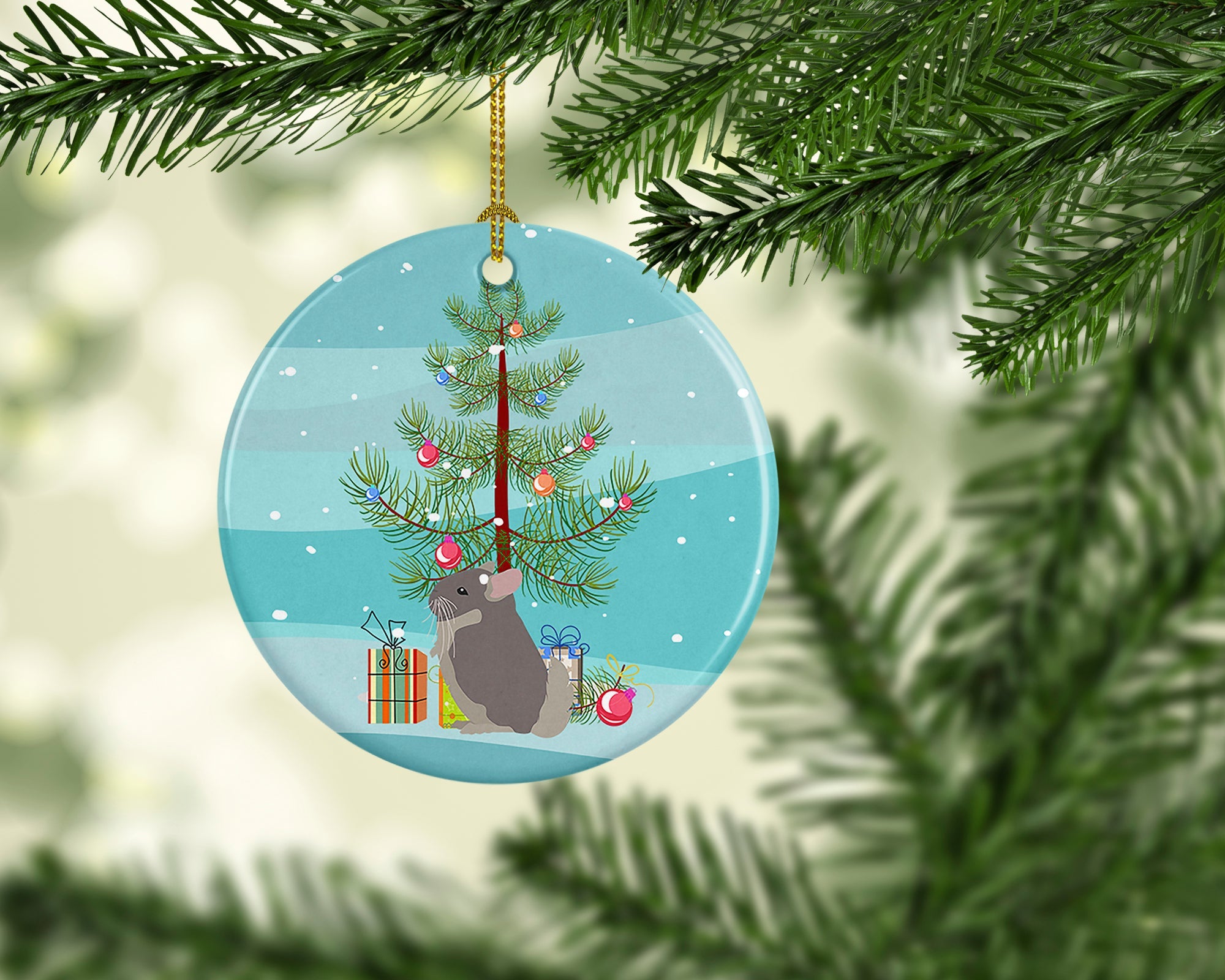 Beige Wellman Chinchilla Merry Christmas Ceramic Ornament