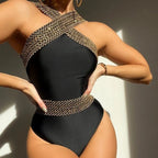 Shiny One-Piece Solid Color Bikini Swimsuit for Ladies