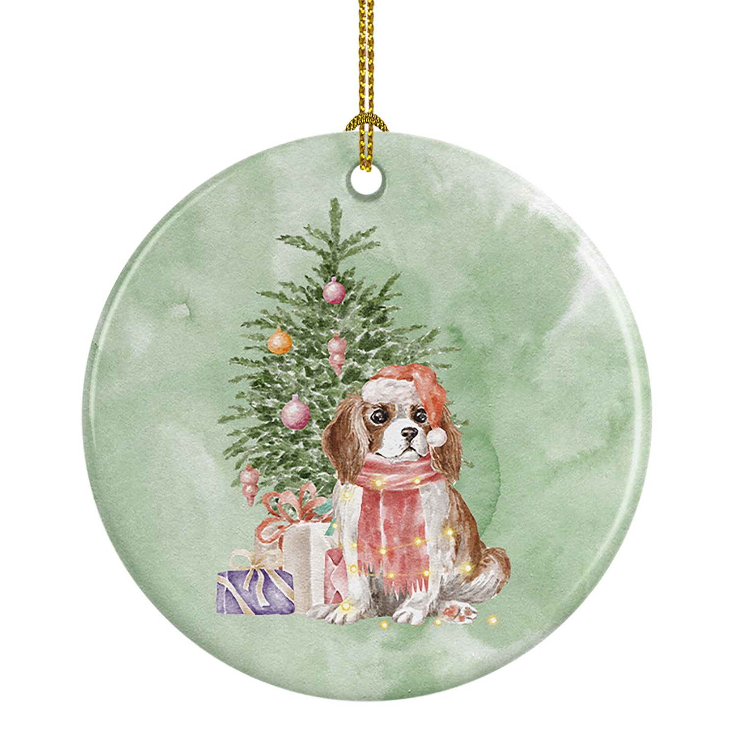 Cavalier Spaniel Tricolor Blenheim Puppy Christmas Presents and Tree Ceramic Ornament