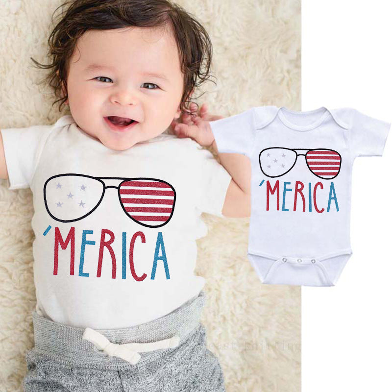 Baby Bodysuit with Letter Print and Sunglasses Design