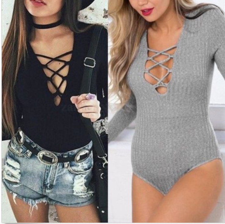 Long Sleeve Tie Bodysuit with Crisscross Design