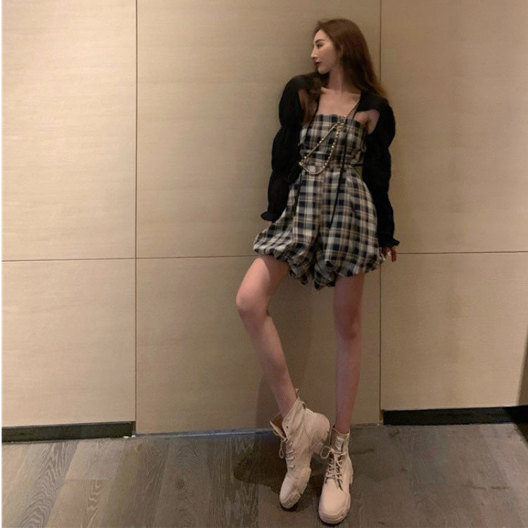 Summer Sexy Plaid Bodysuit with Long Sleeve Cover-Up