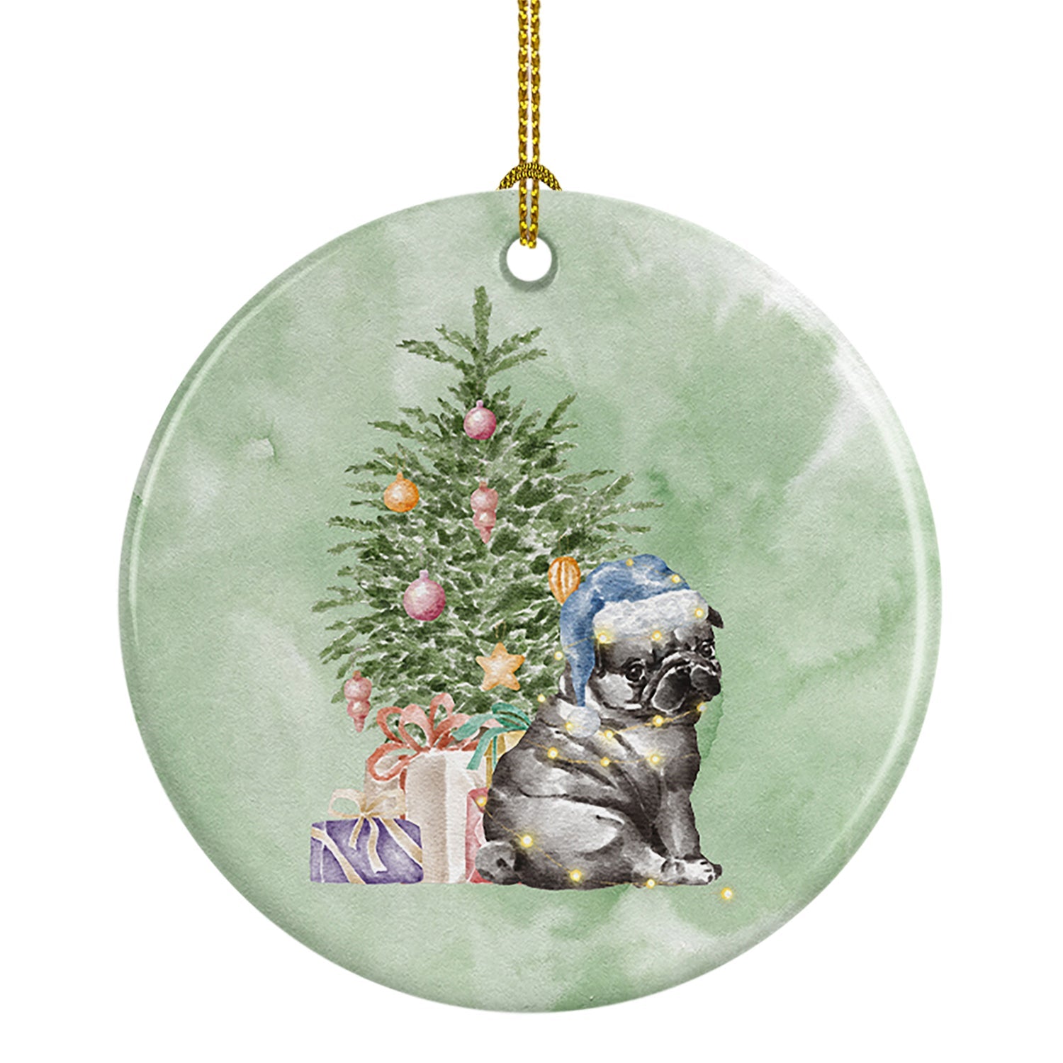 Pug Black Puppy Christmas Presents and Tree Ceramic Ornament