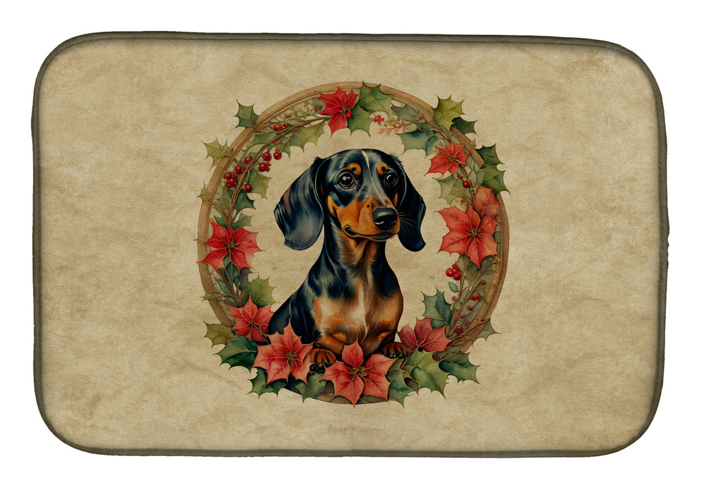 Dachshund Christmas Flowers Dish Drying Mat