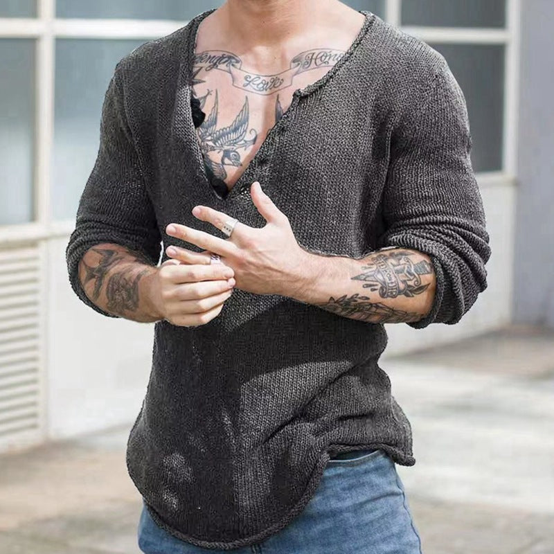 Men's V-Neck Pullover Sweater - Solid Color, Large Size | Streetwear