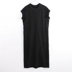 New Cotton Long Dress with Side Slit and Short Sleeves
