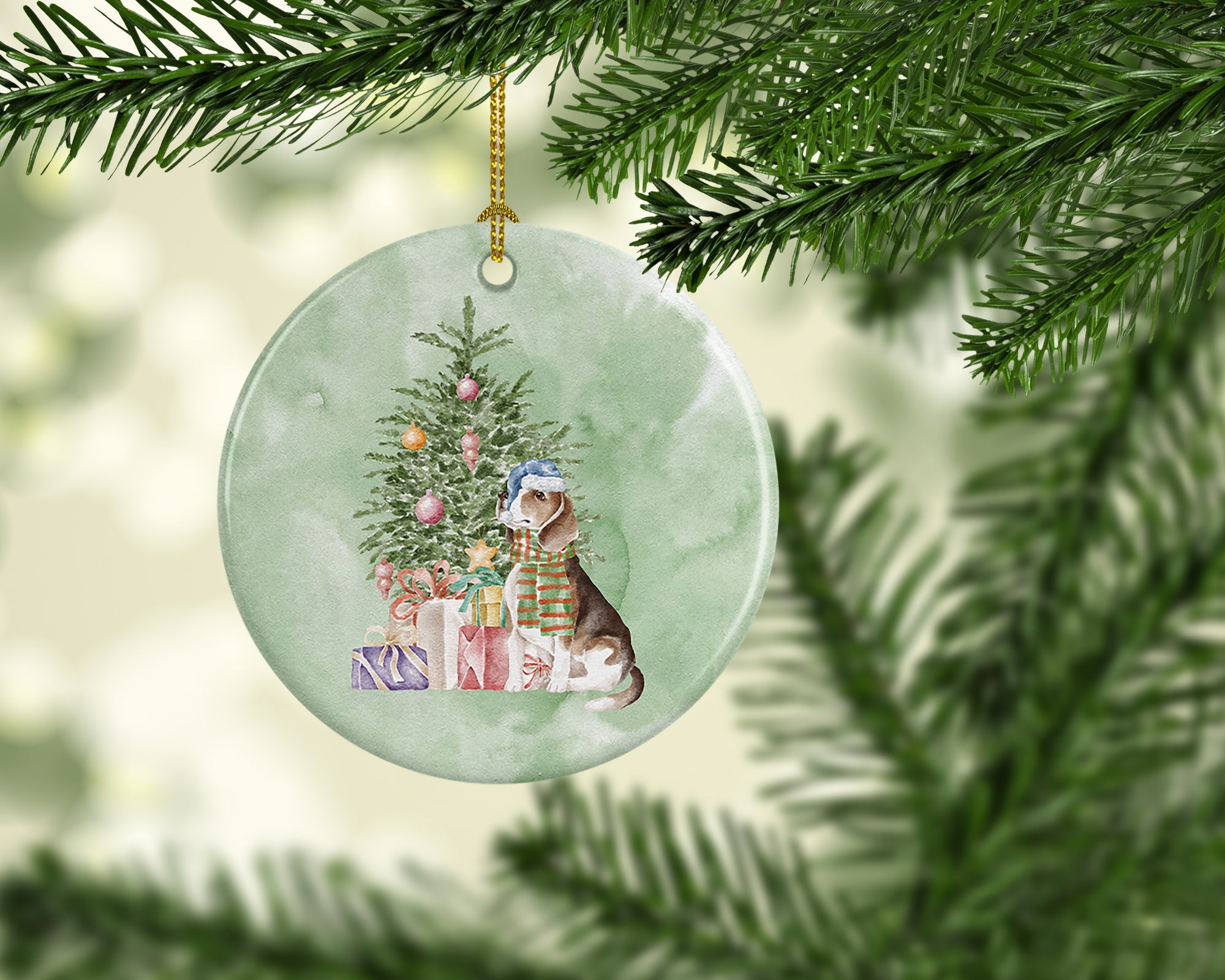 Beagle Christmas Presents and Tree Ceramic Ornament