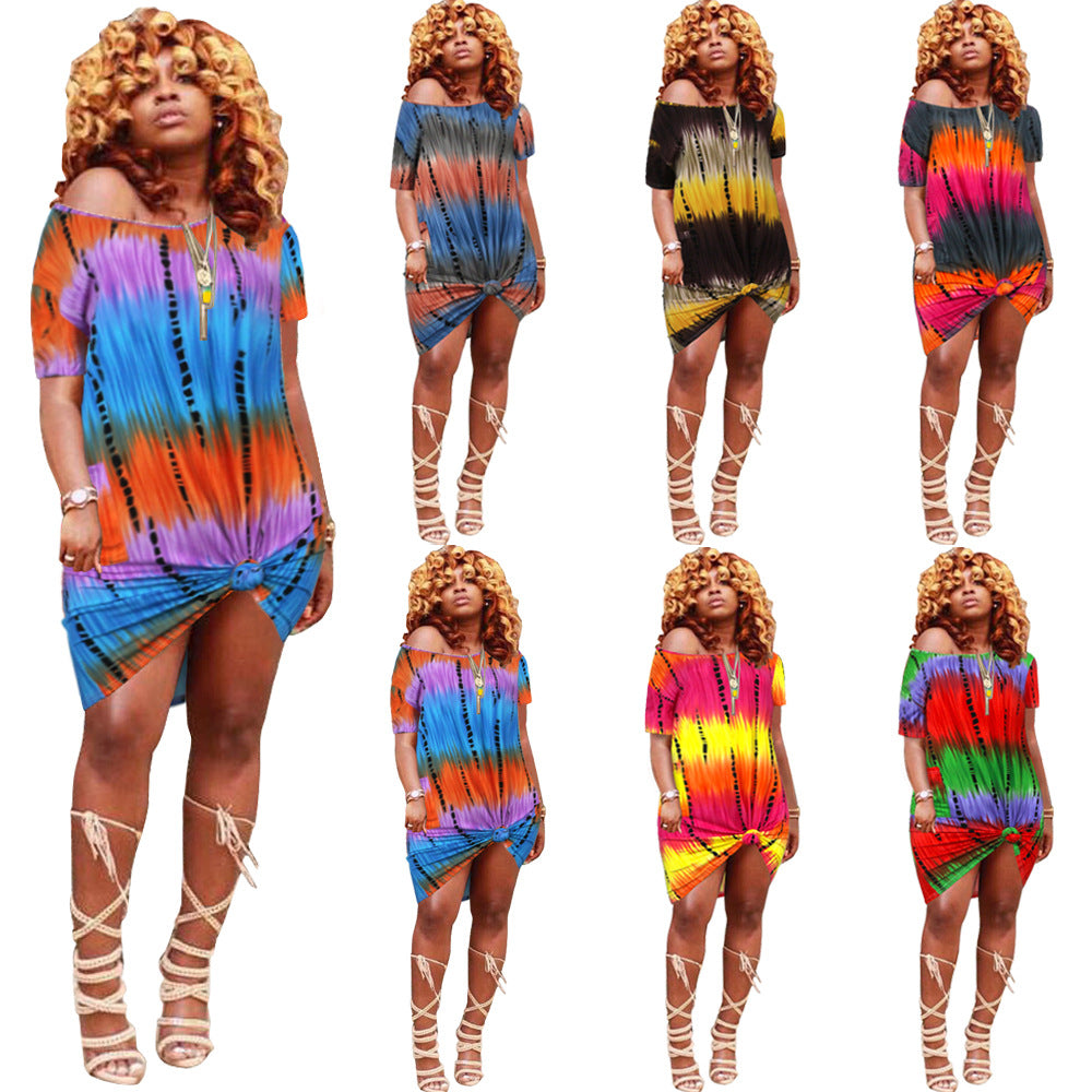 Tie-Dye Diagonal Collar Short Sleeve Dress