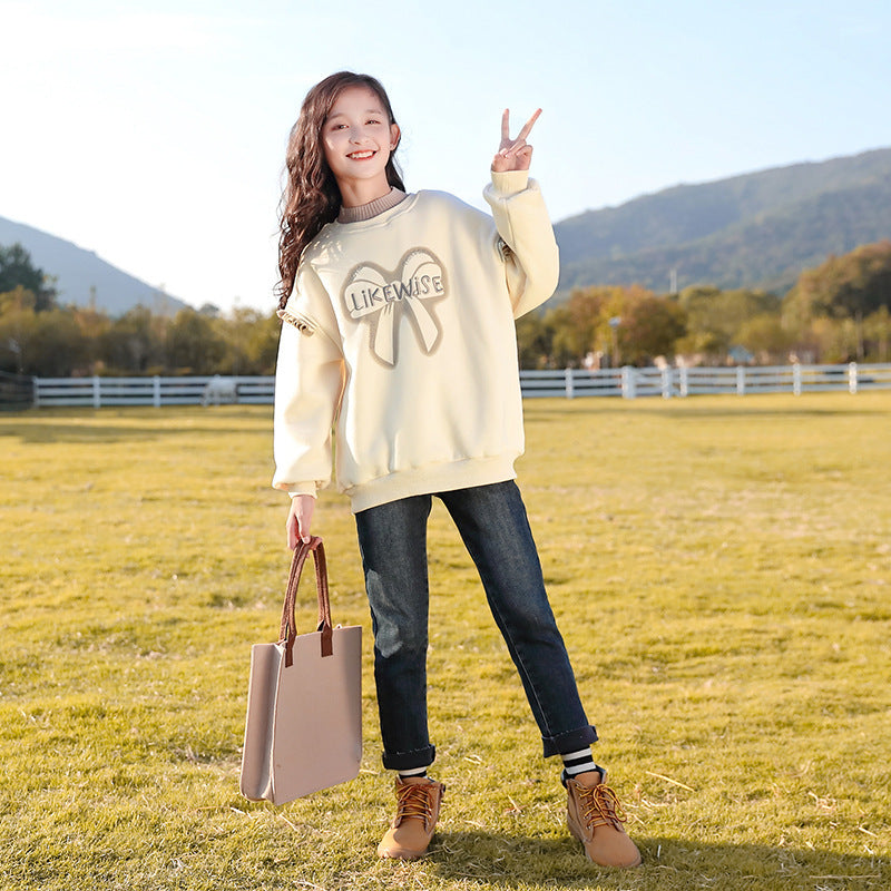 Girls' Fleece-Lined Sweater for Autumn and Winter