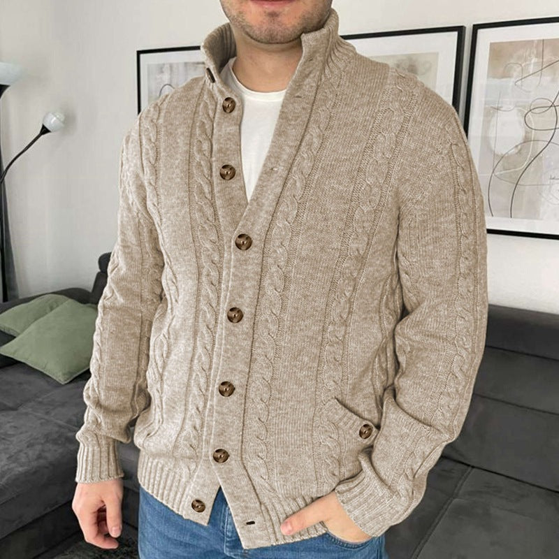 New Men's Lapel Cardigan Long Sleeve Jacquard Sweater