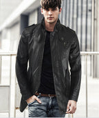 Men's Mid-length Slim Fit Leather Trench Coat