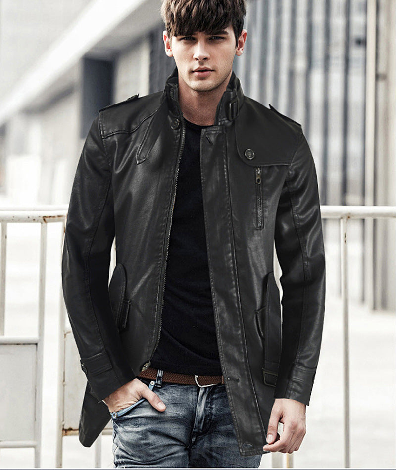 Men's Mid-length Slim Fit Leather Trench Coat