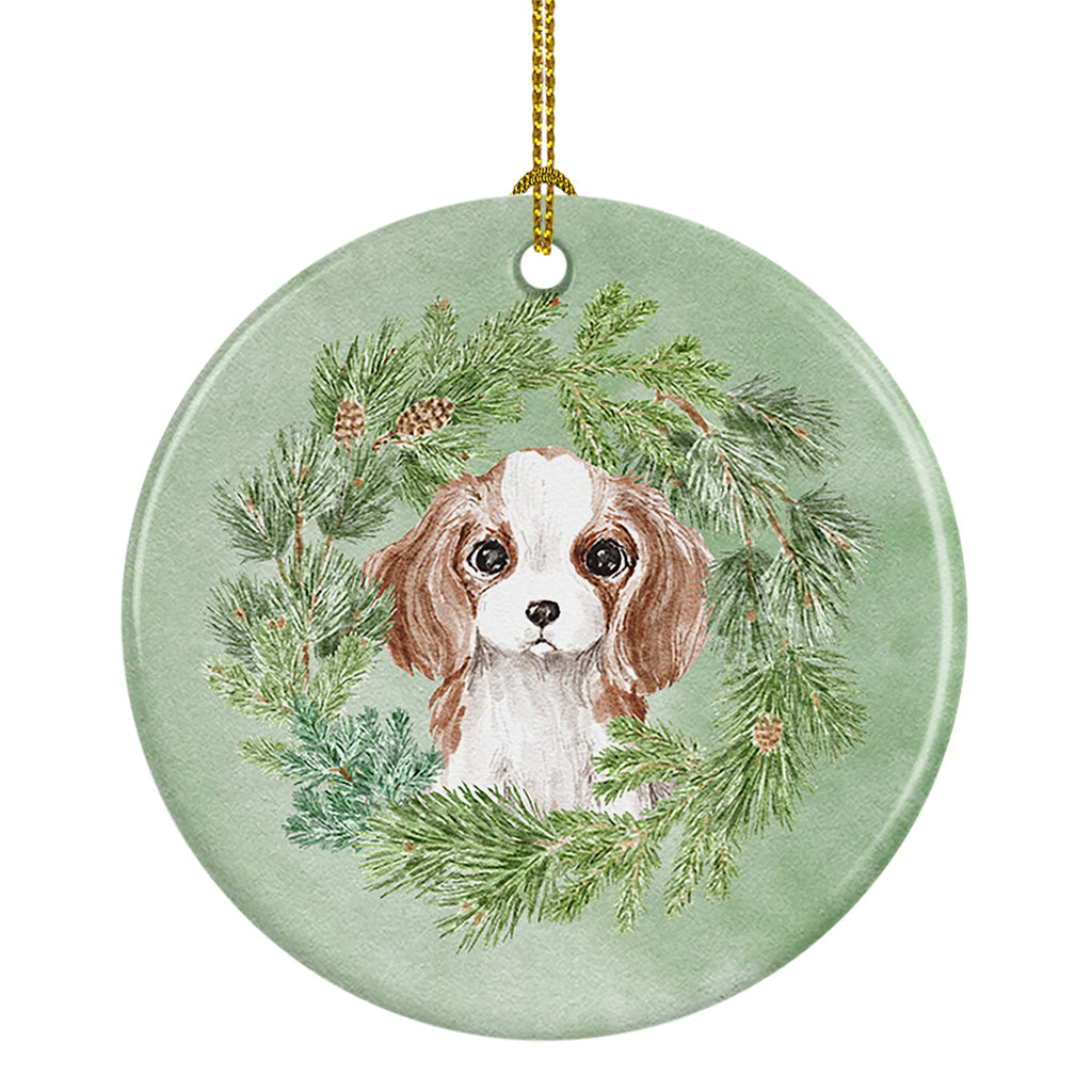Cavalier Spaniel Puppy Blenheim Christmas Wreath Ceramic Ornament