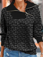Women's Digital Print Zippered Loose Sweater
