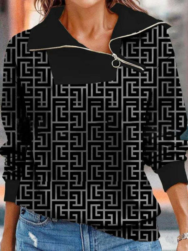 Women's Digital Print Zippered Loose Sweater