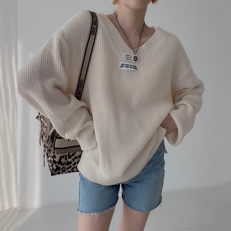 Korean Style Women's V-neck Loose Pullover Sweater | Streetwear