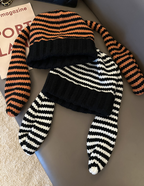 Cute Rabbit Ears Striped Knit Wool Beanie Hat | Embroidered Cap