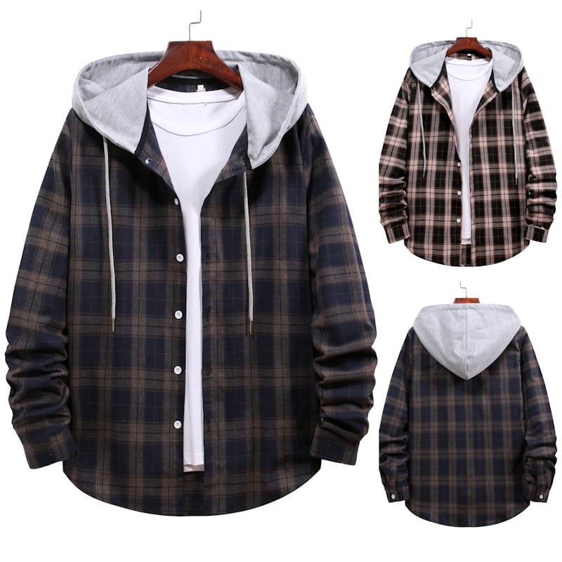 Men's Casual Hooded Plaid Cardigan for Autumn
