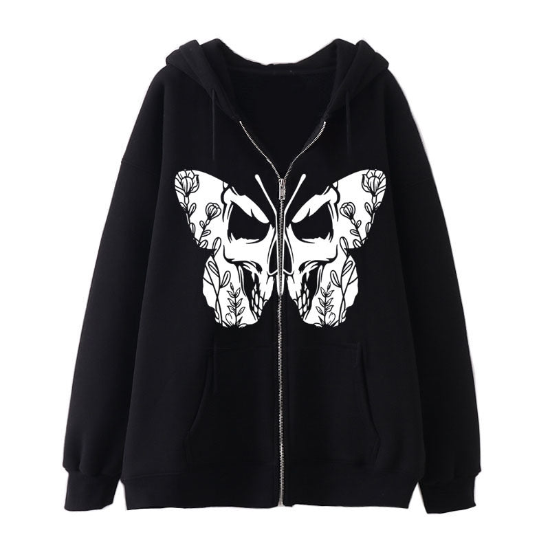 Dark Butterfly Print Zip Casual Cardigan Sweatshirt | Streetwear