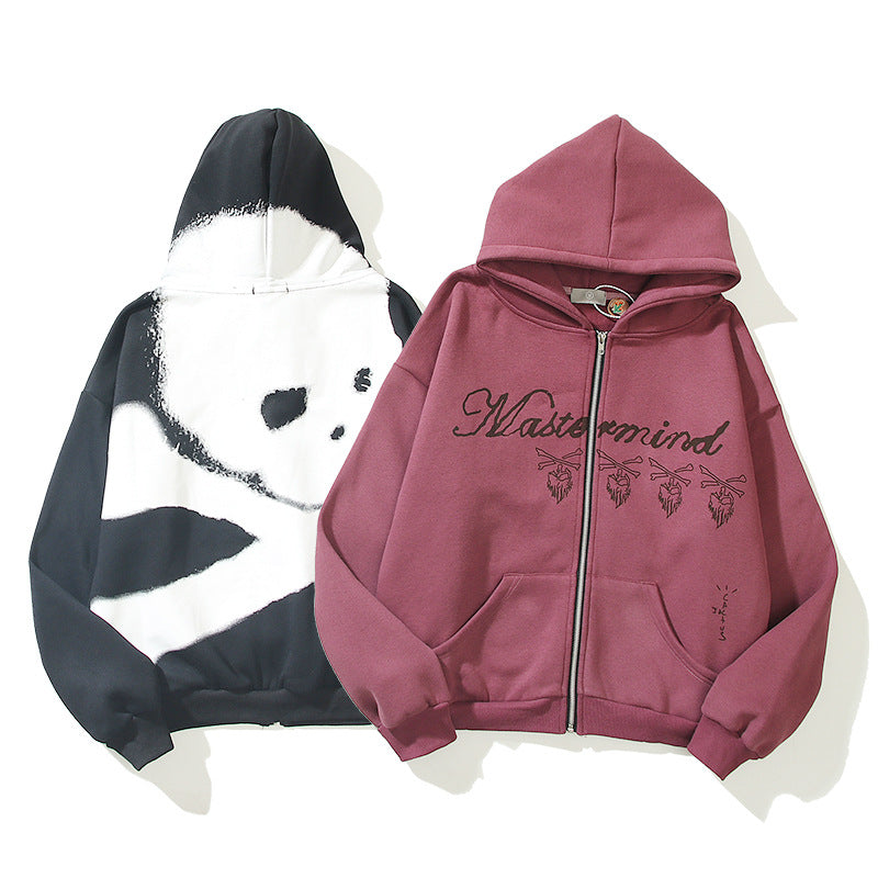 Skull Design Burgundy Pullover Zip Jacket Sweatshirt | Streetwear