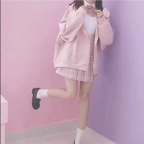Japanese Style Girls' JK Sweater with Rabbit Ears Hoodie | Streetwear