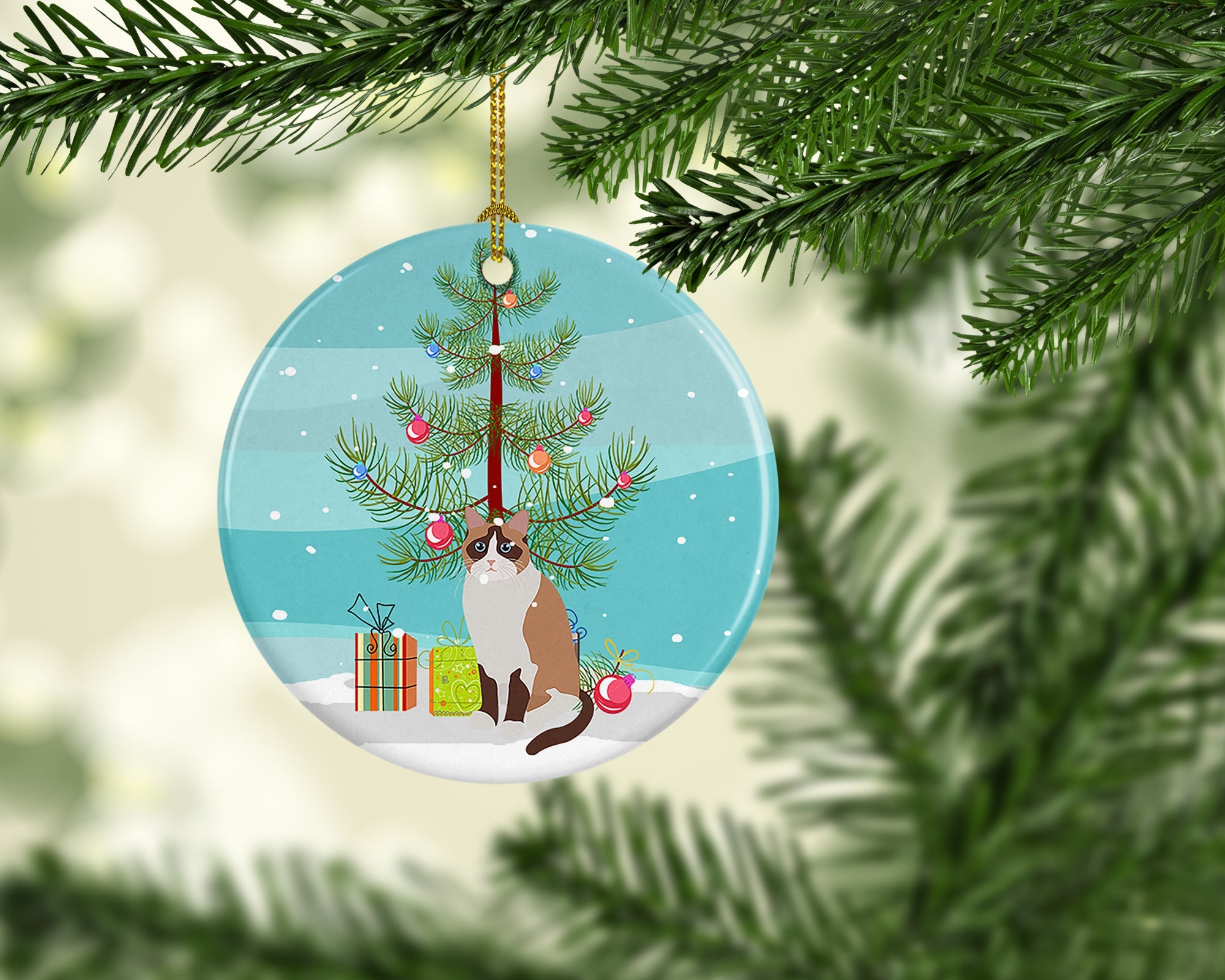 Snowshoe Cat Christmas Ceramic Ornament
